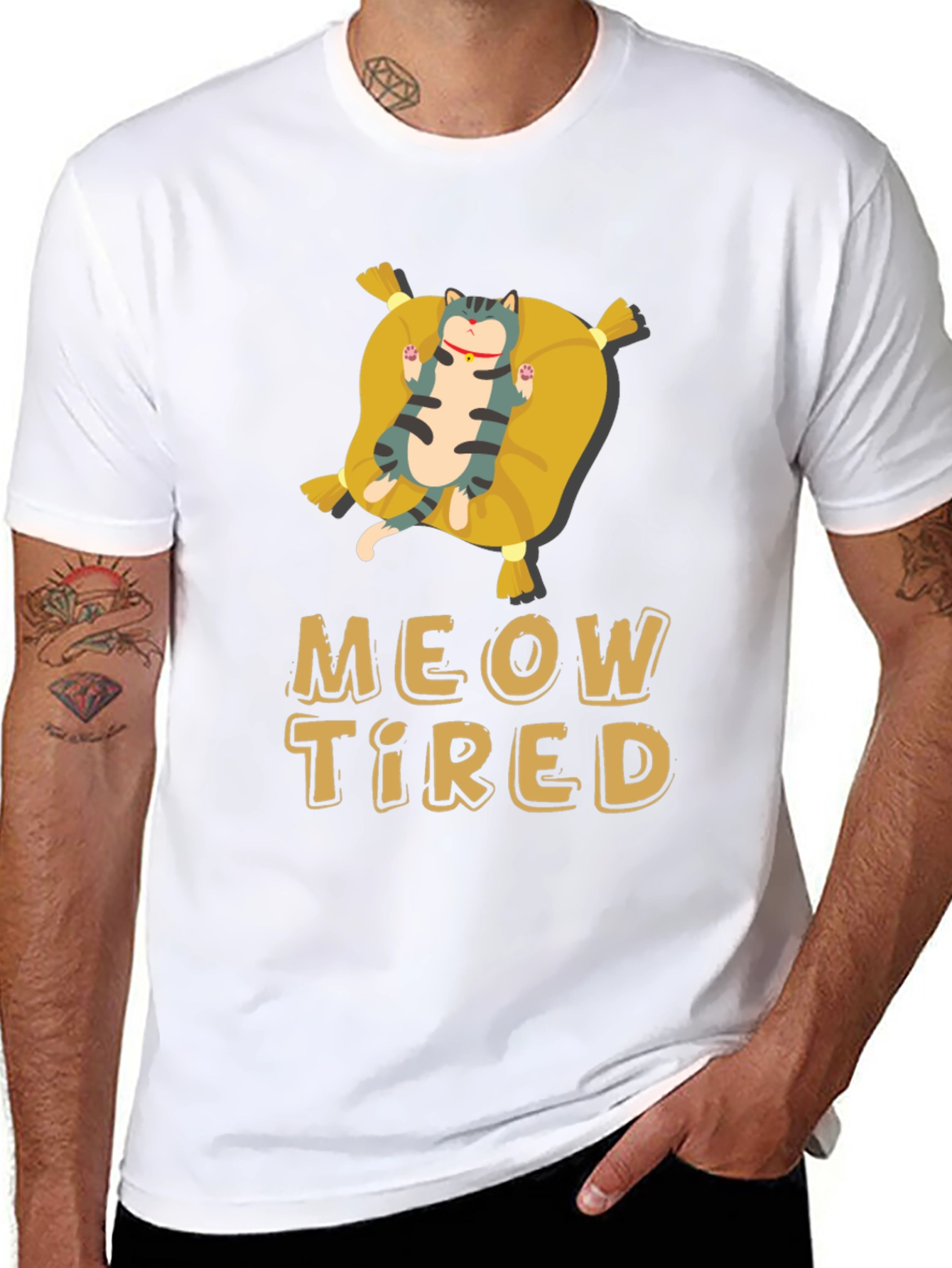 Meow Tired Cat Pillow T-Shirt - Relaxed Fit