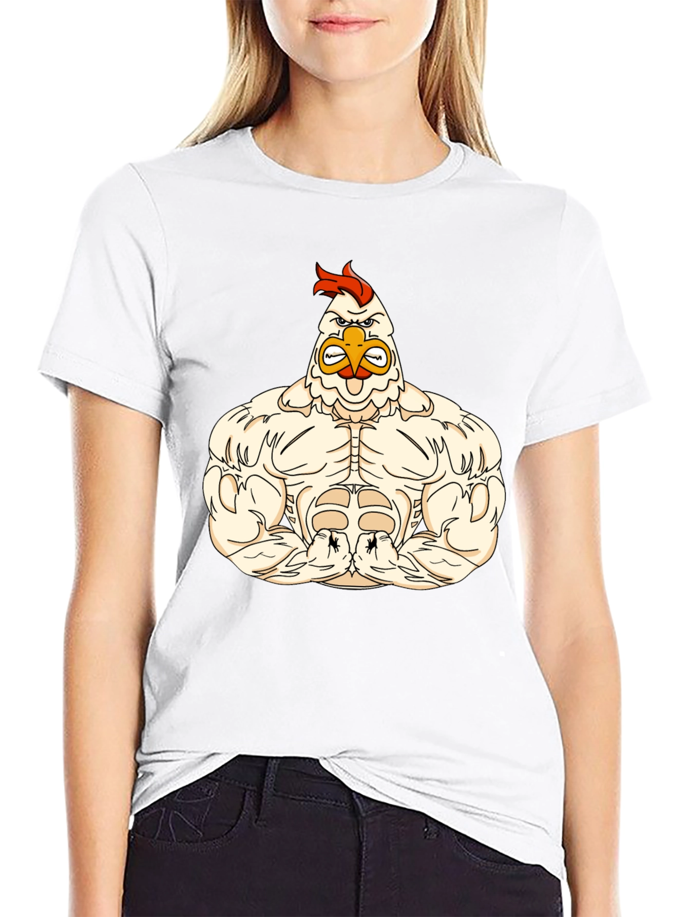 Funny Buff Chicken Cartoon Black T-Shirt
