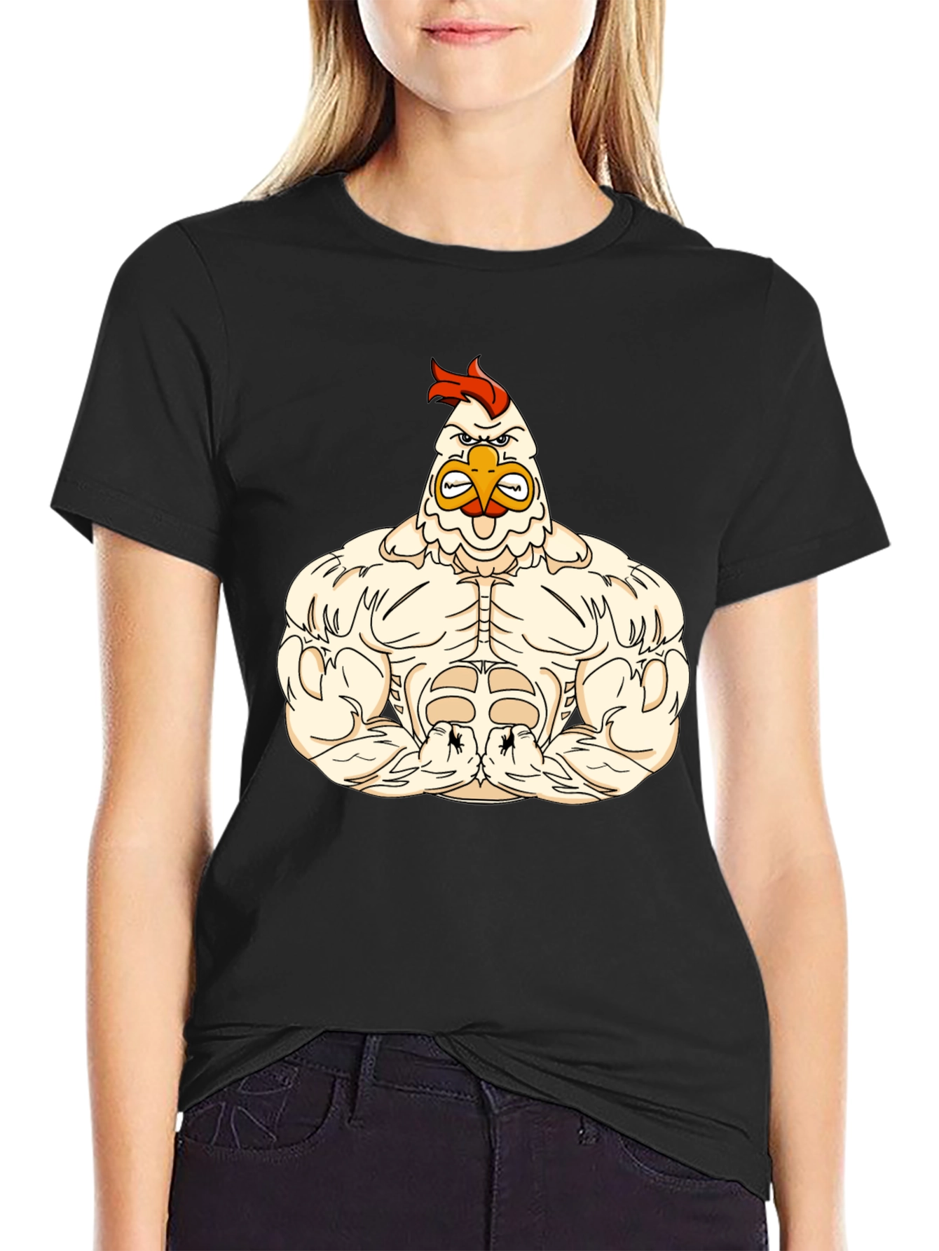 Funny Buff Chicken Cartoon Black T-Shirt