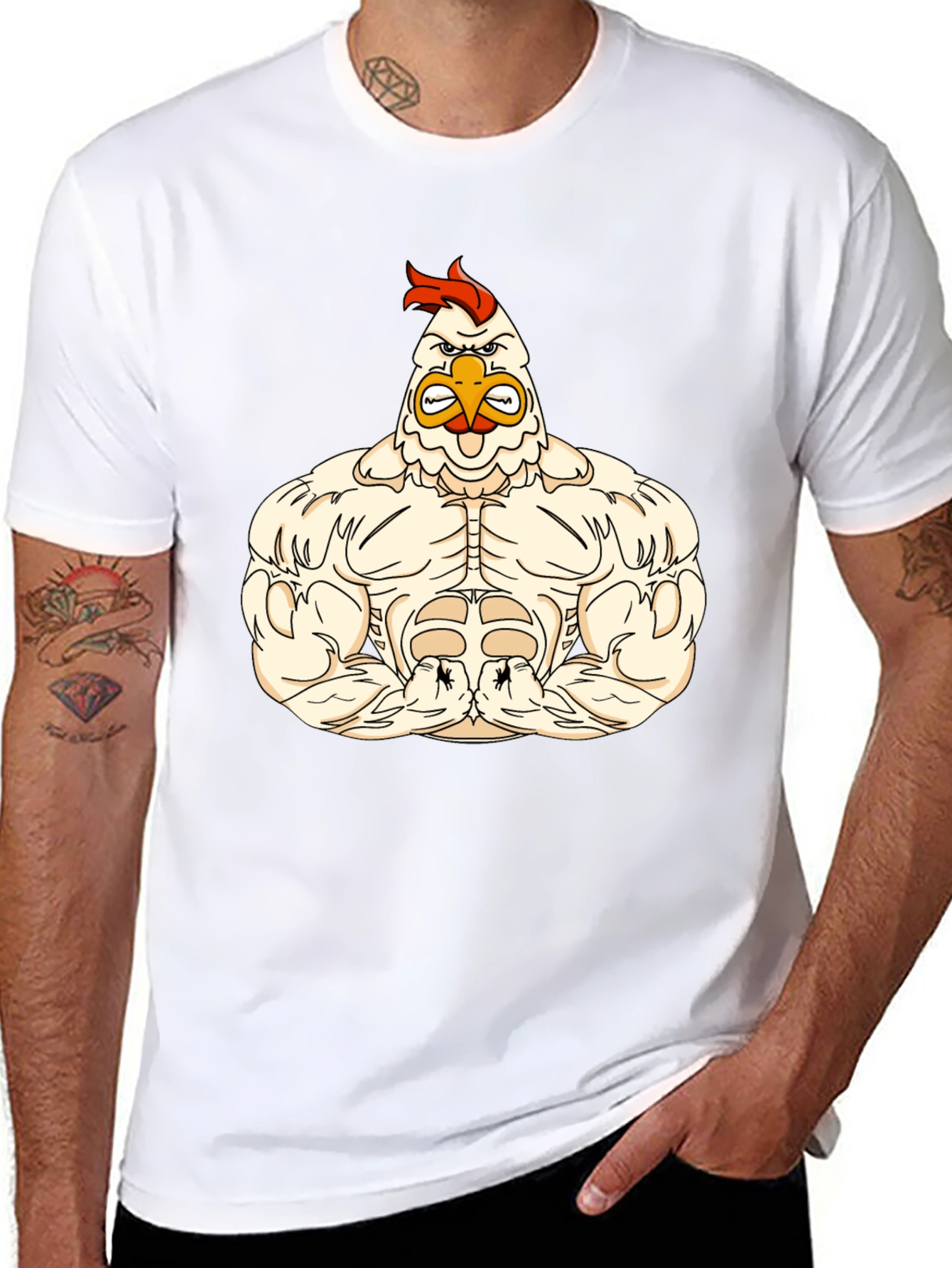 Funny Buff Chicken Cartoon Black T-Shirt