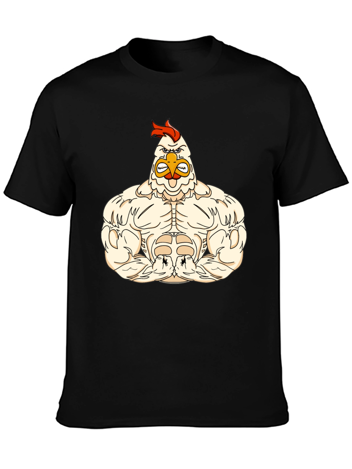 Funny Buff Chicken Cartoon Black T-Shirt