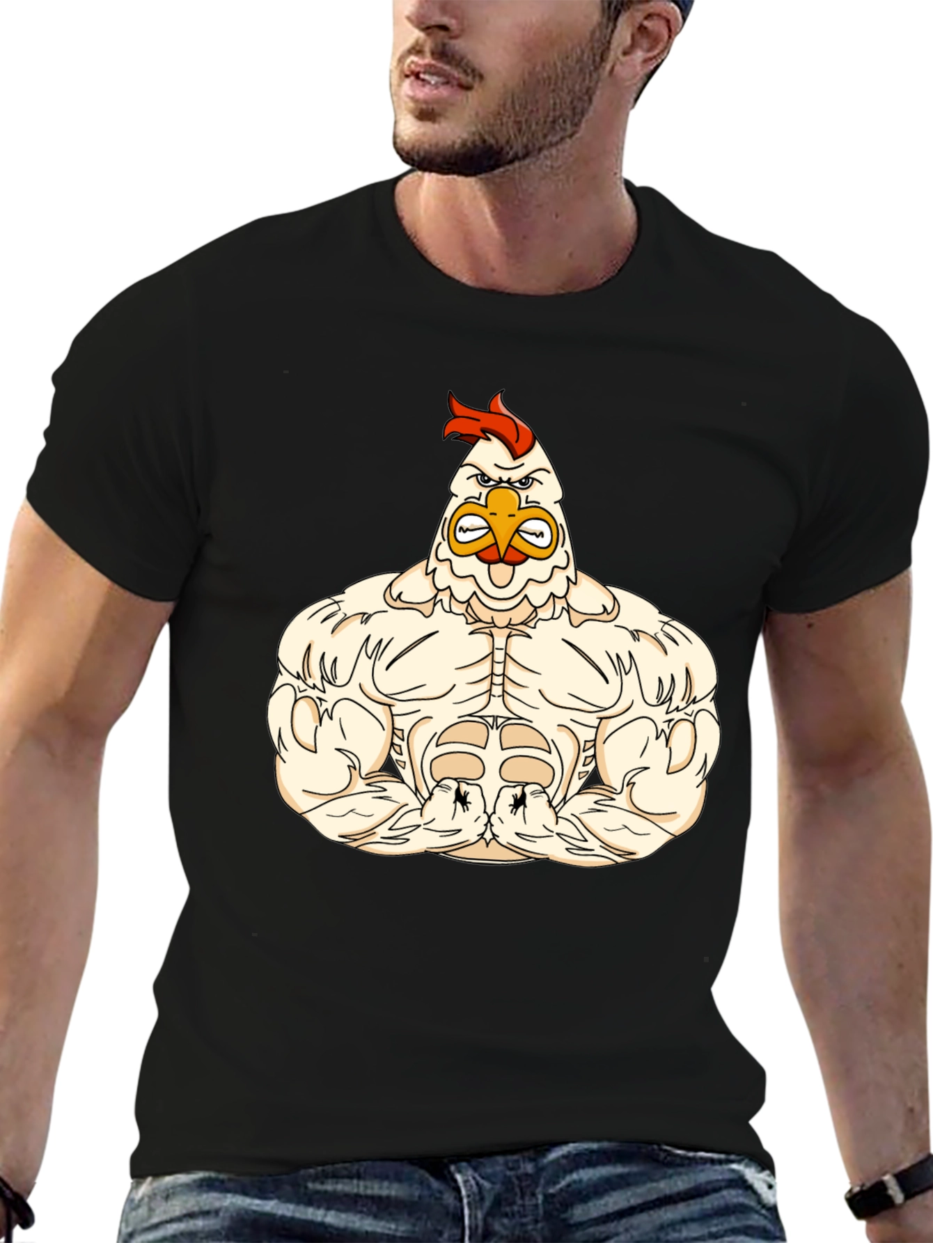 Funny Buff Chicken Cartoon Black T-Shirt