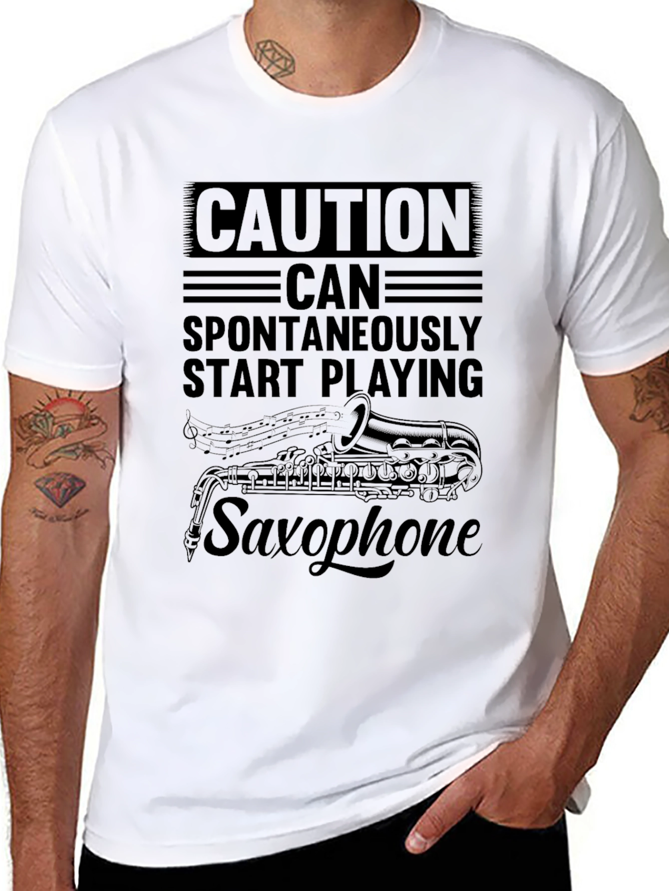 Caution Saxophone Mens Black T-Shirt