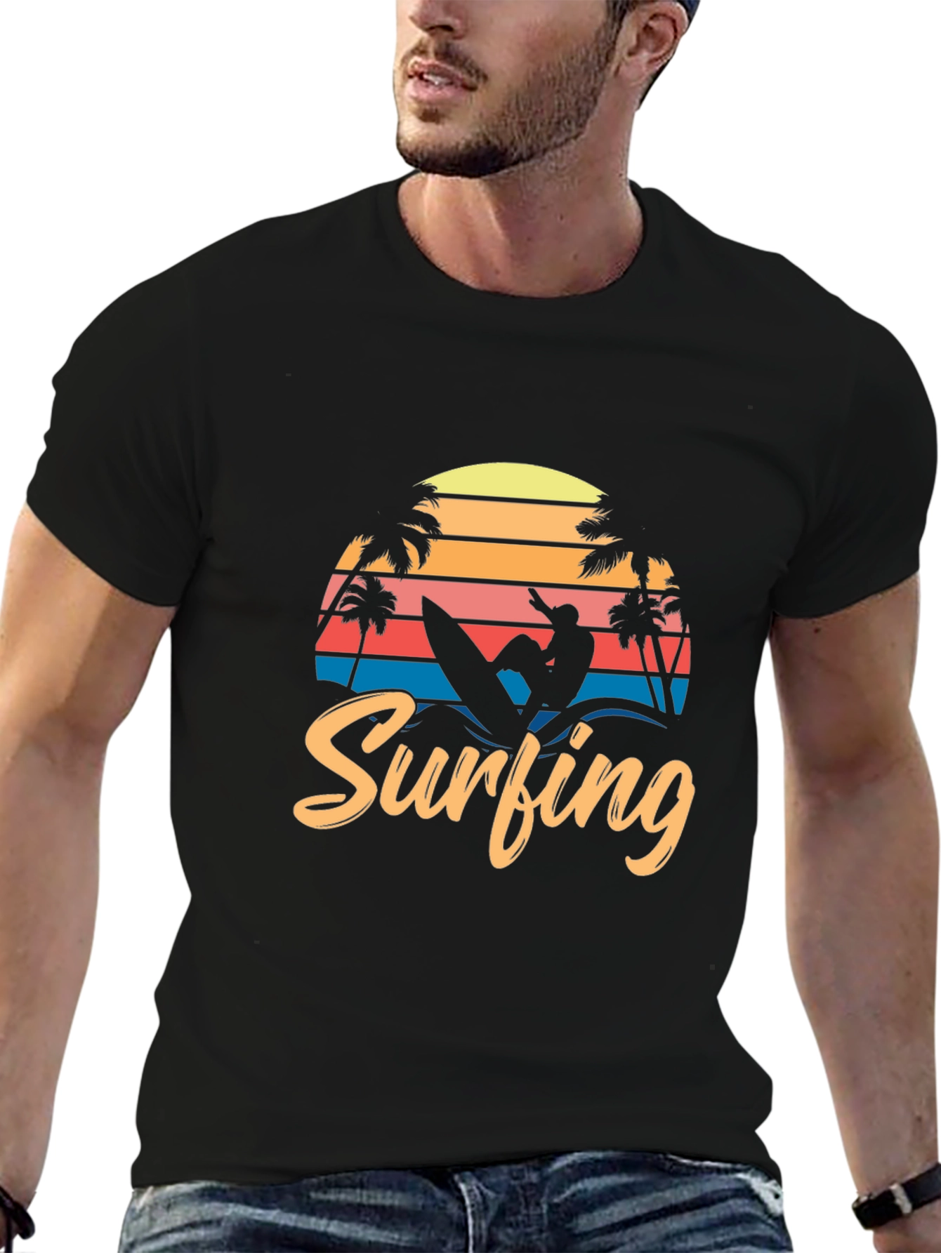 Surfing Retro Black T-Shirt