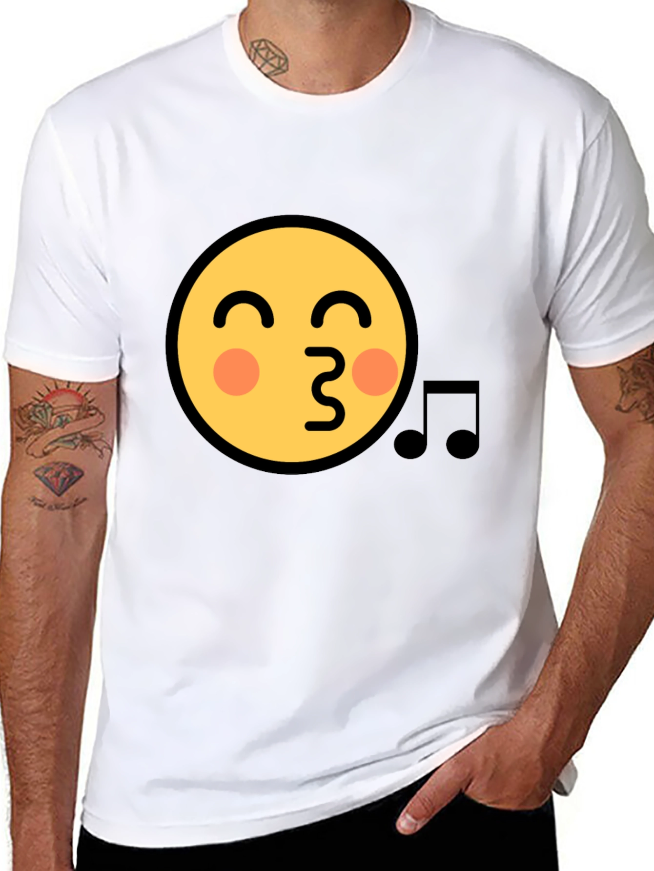 Emoji Face Kiss Music Note Black T-Shirt