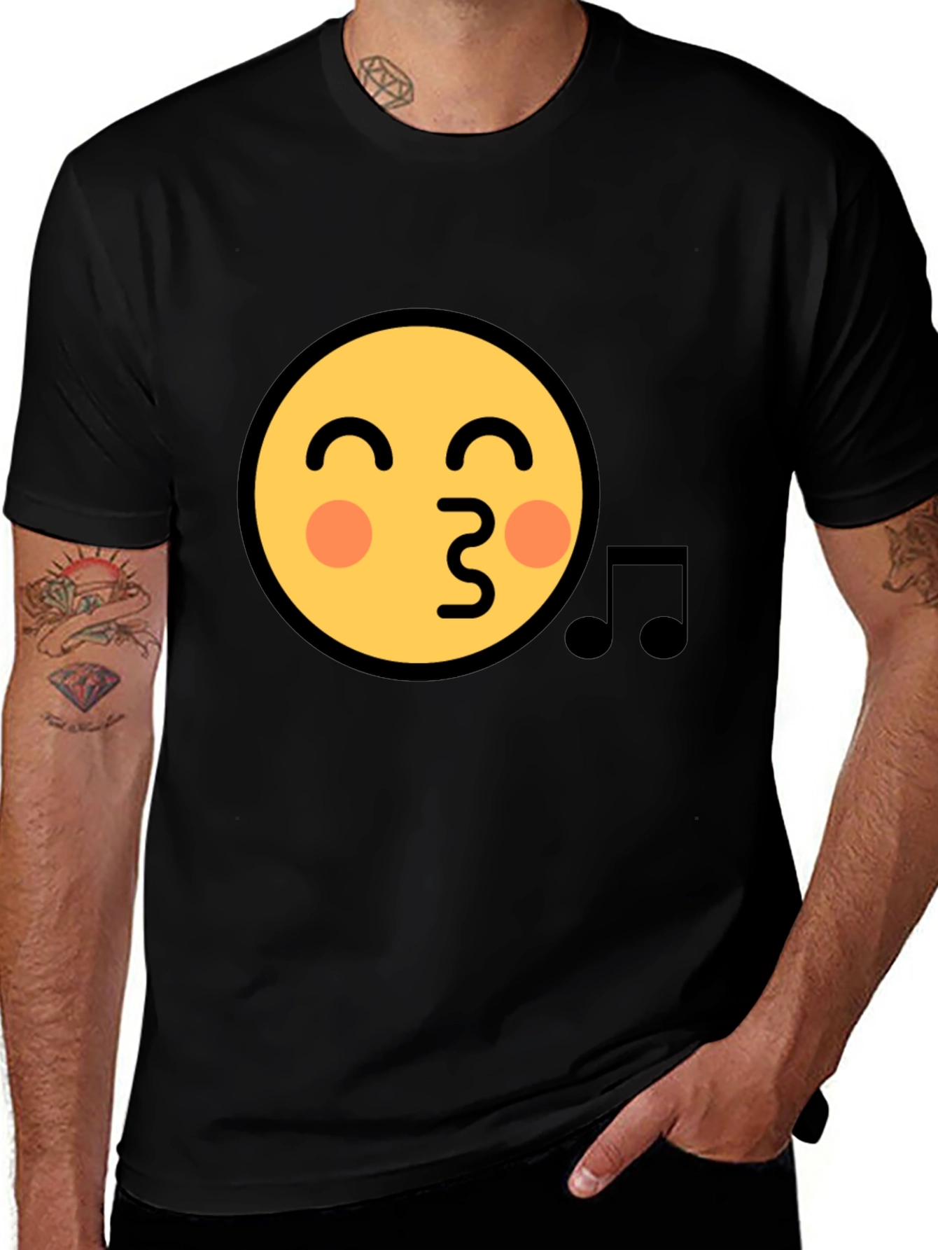 Emoji Face Kiss Music Note Black T-Shirt