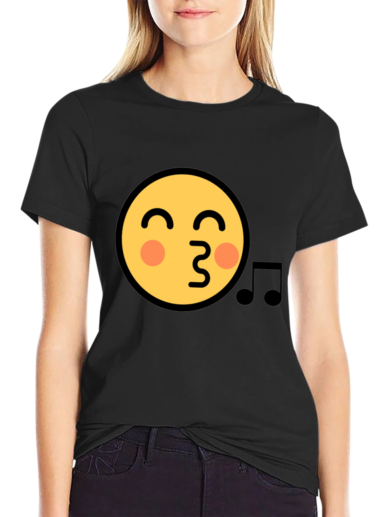 Emoji Face Kiss Music Note Black T-Shirt