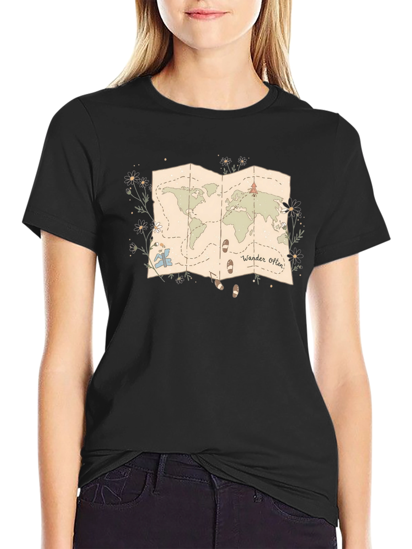 Wander Often World Map Graphic Tee - Black