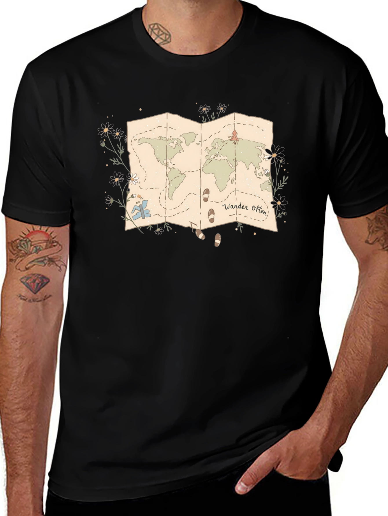 Wander Often World Map Graphic Tee - Black