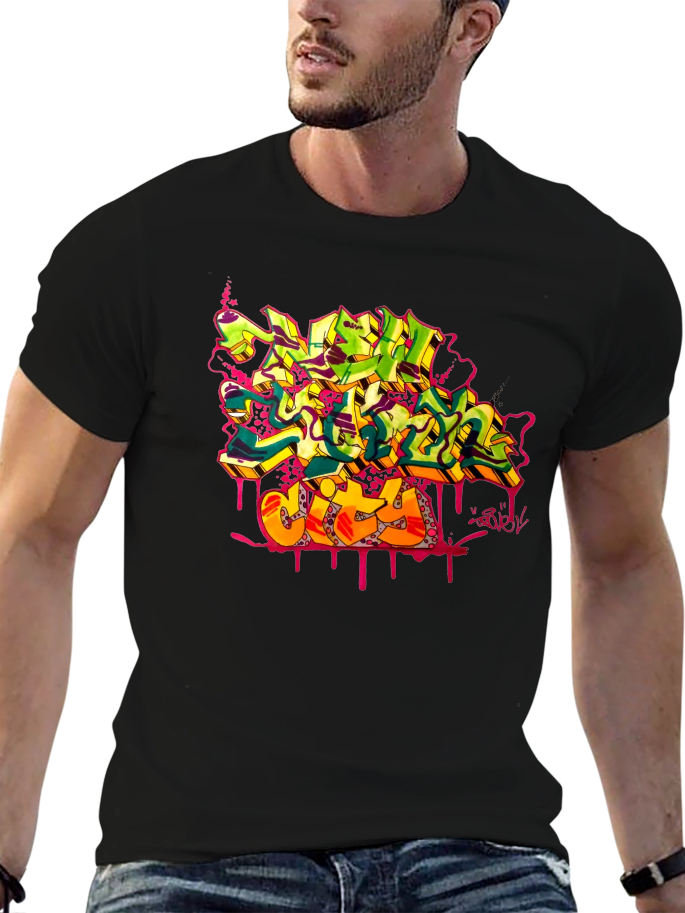 Graffiti City Graphic Print Black T-Shirt
