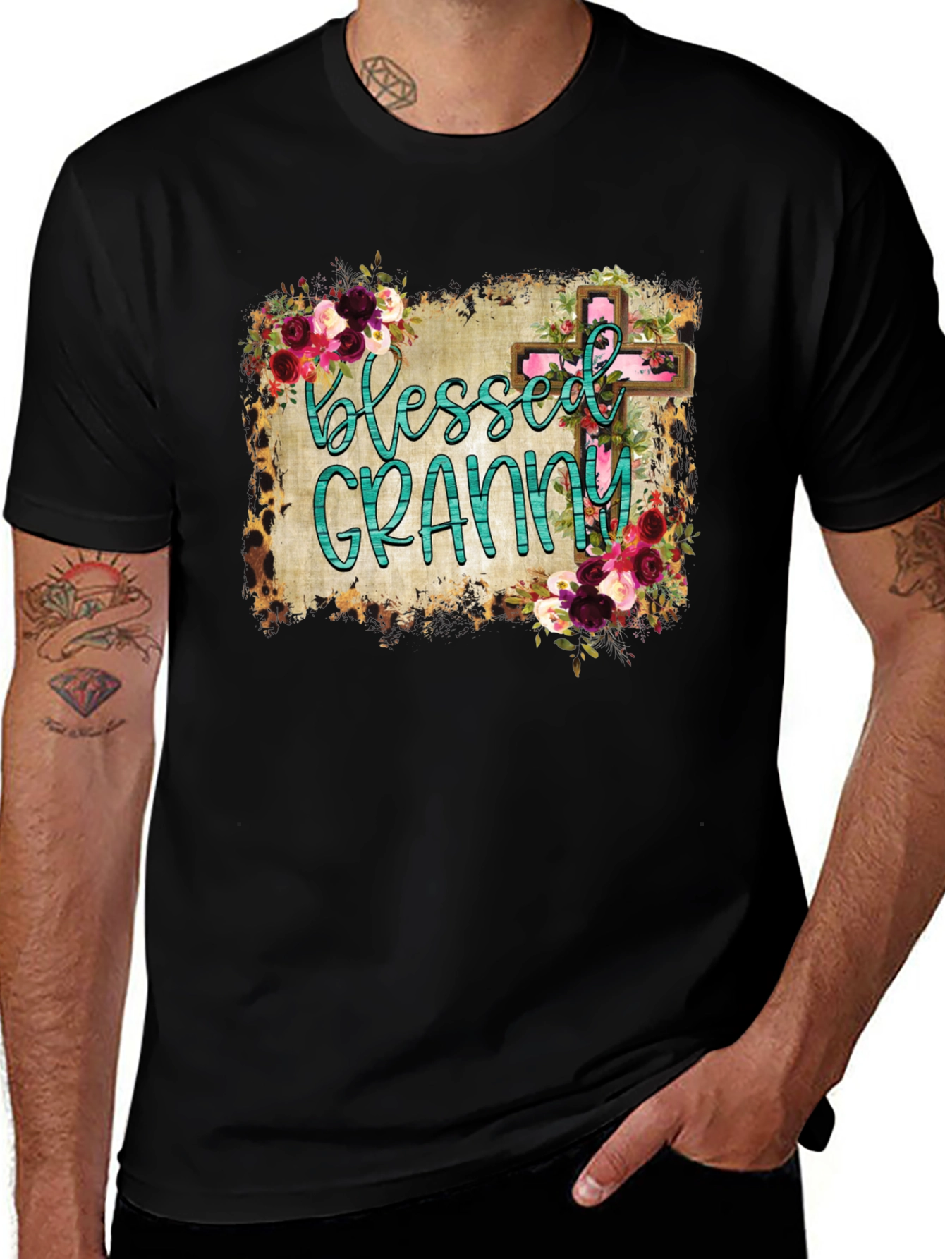 Blessed Granny Graphic Tee - Floral Cross Design