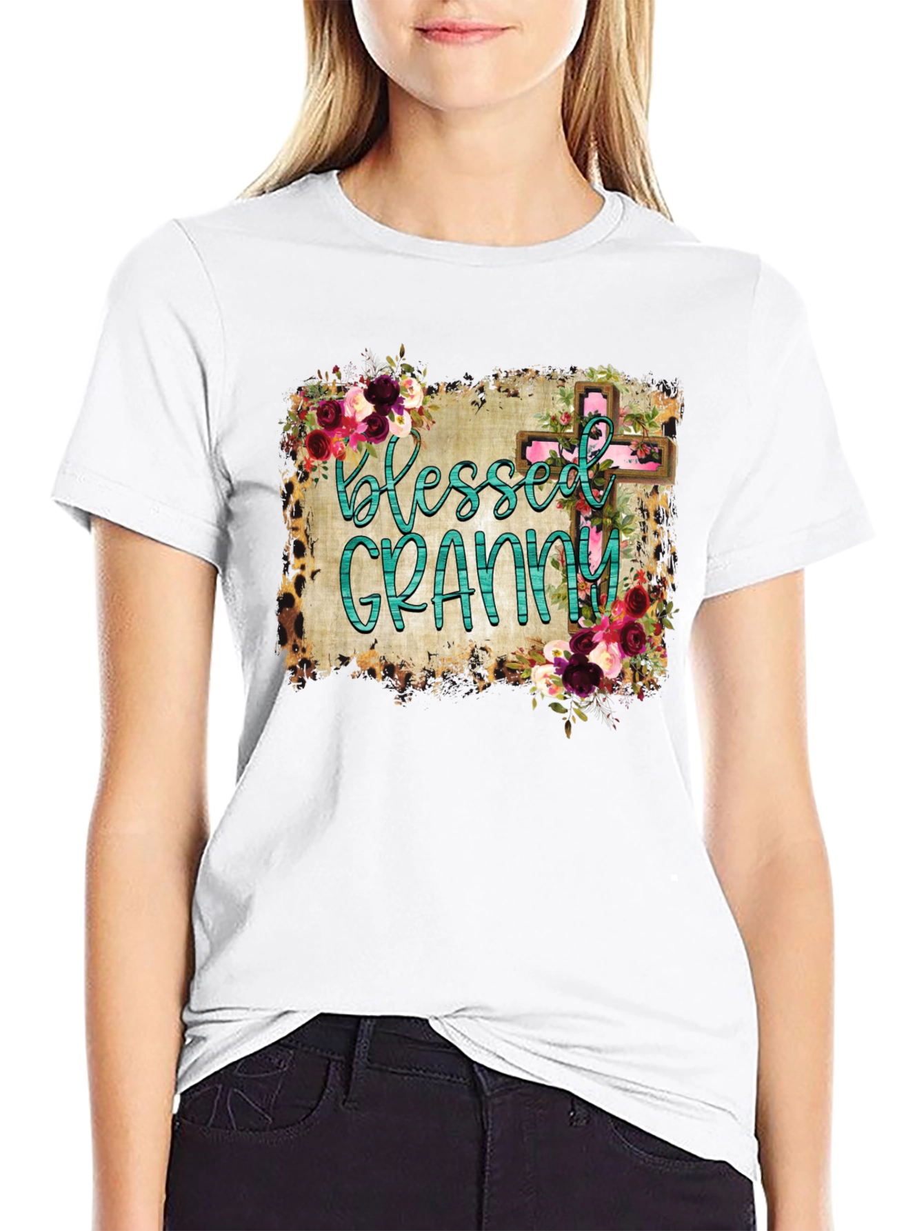 Blessed Granny Graphic Tee - Floral Cross Design