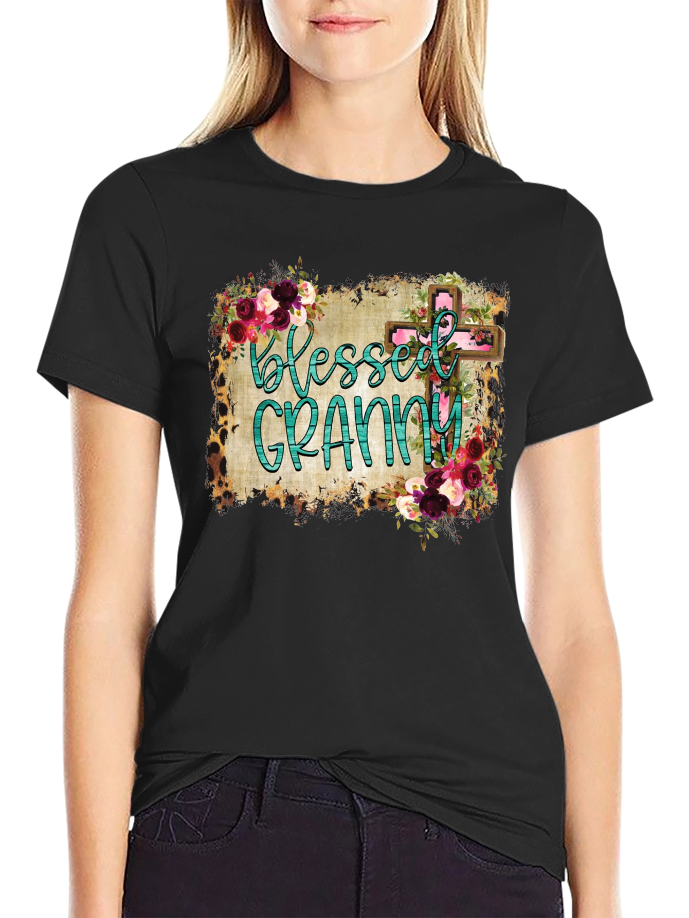 Blessed Granny Graphic Tee - Floral Cross Design