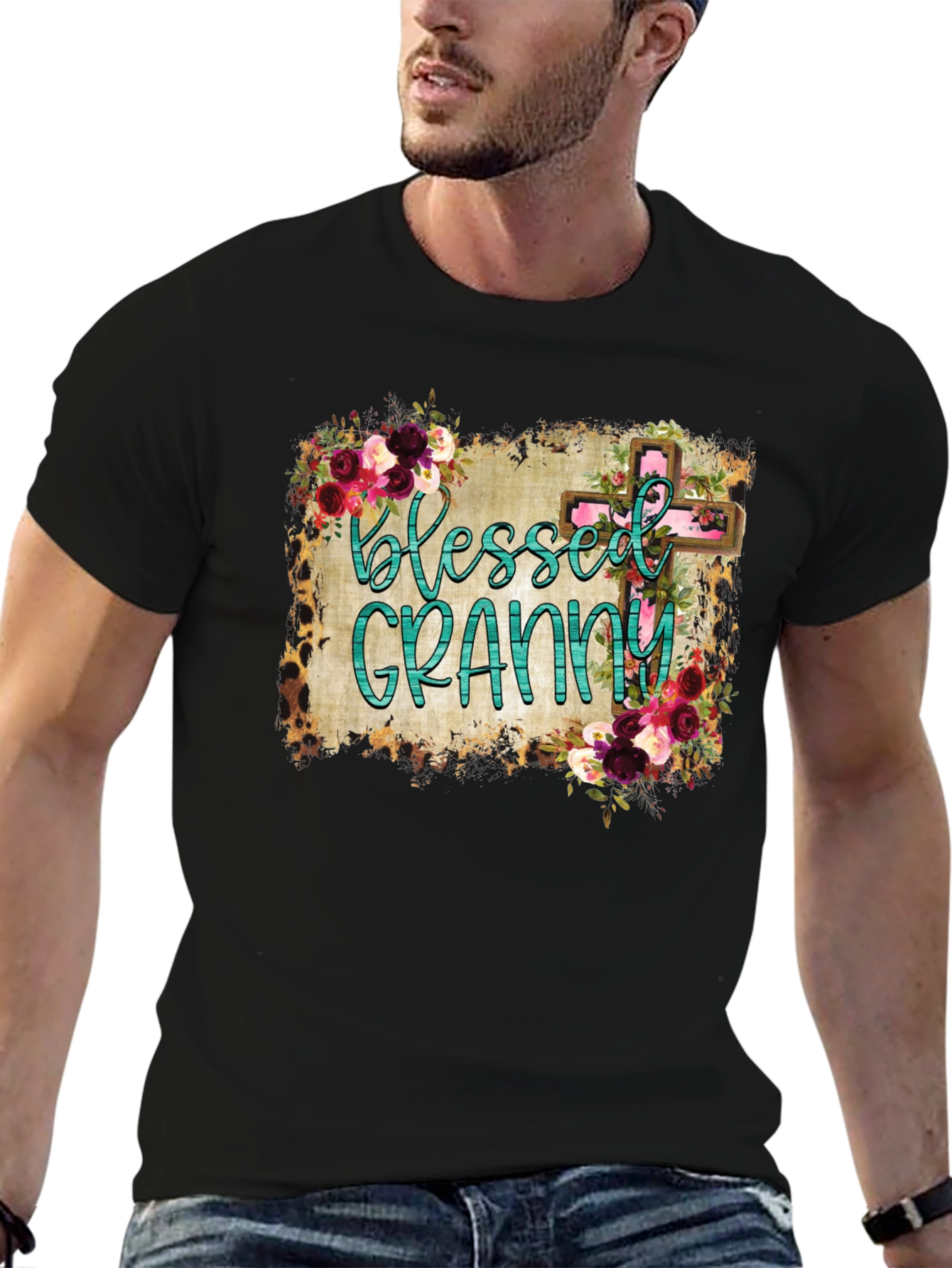 Blessed Granny Graphic Tee - Floral Cross Design