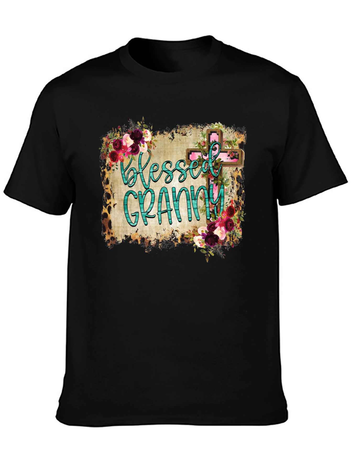 Blessed Granny Graphic Tee - Floral Cross Design
