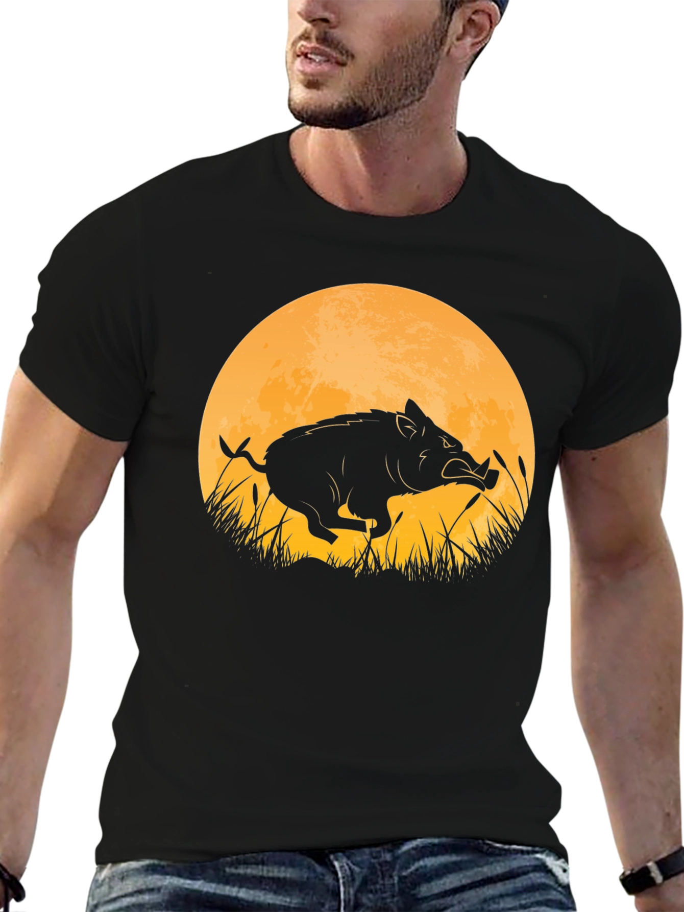 Boar Silhouette Moon Graphic T-Shirt