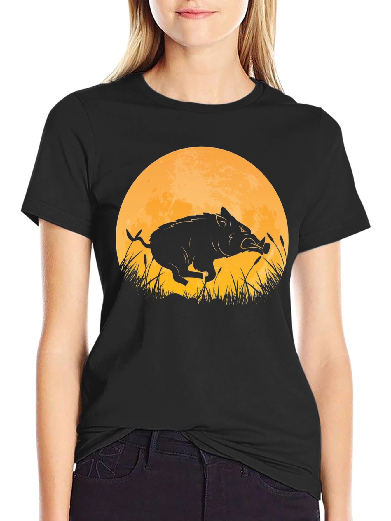 Boar Silhouette Moon Graphic T-Shirt