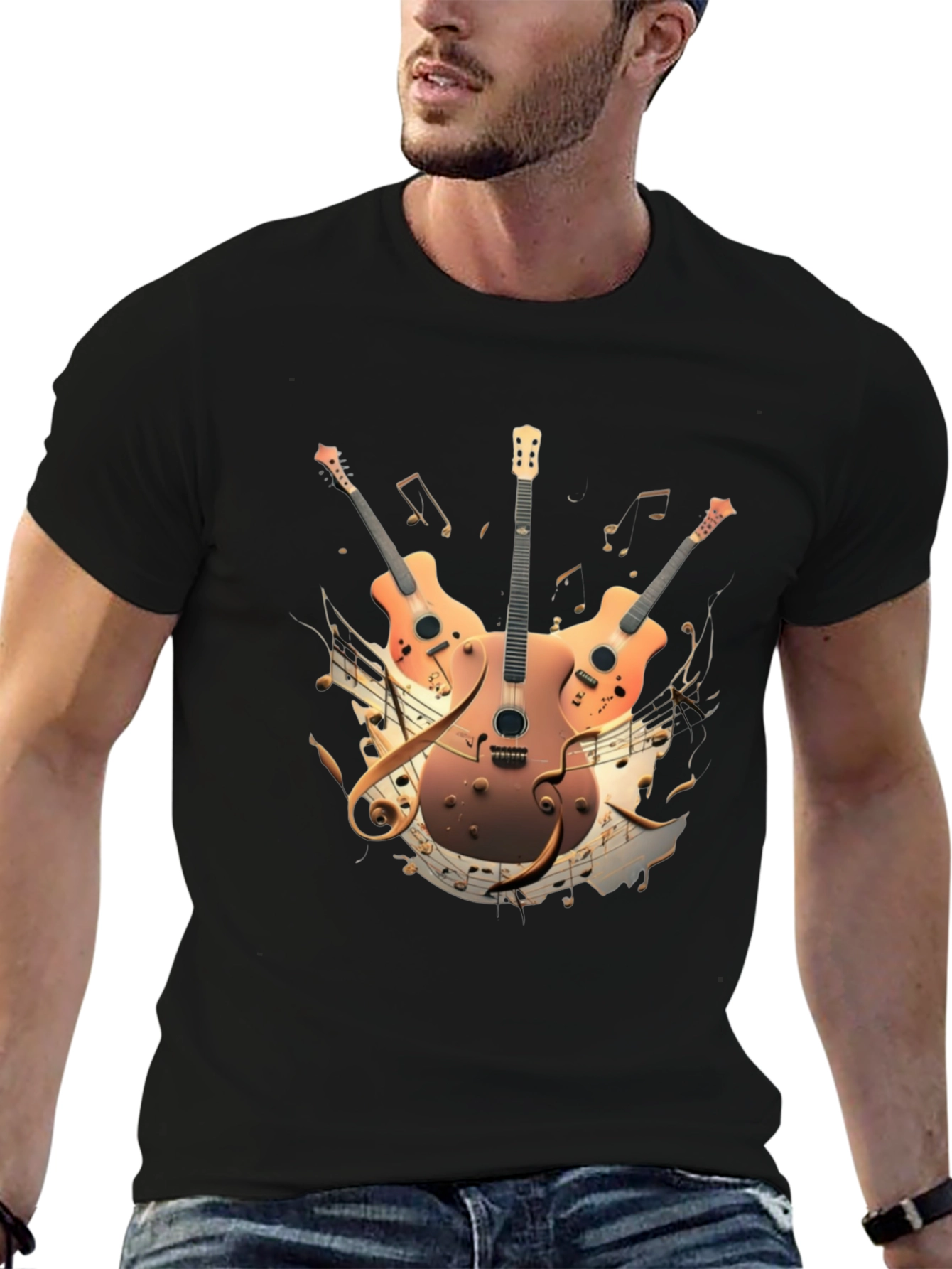 Musical Guitar Print Black T-Shirt