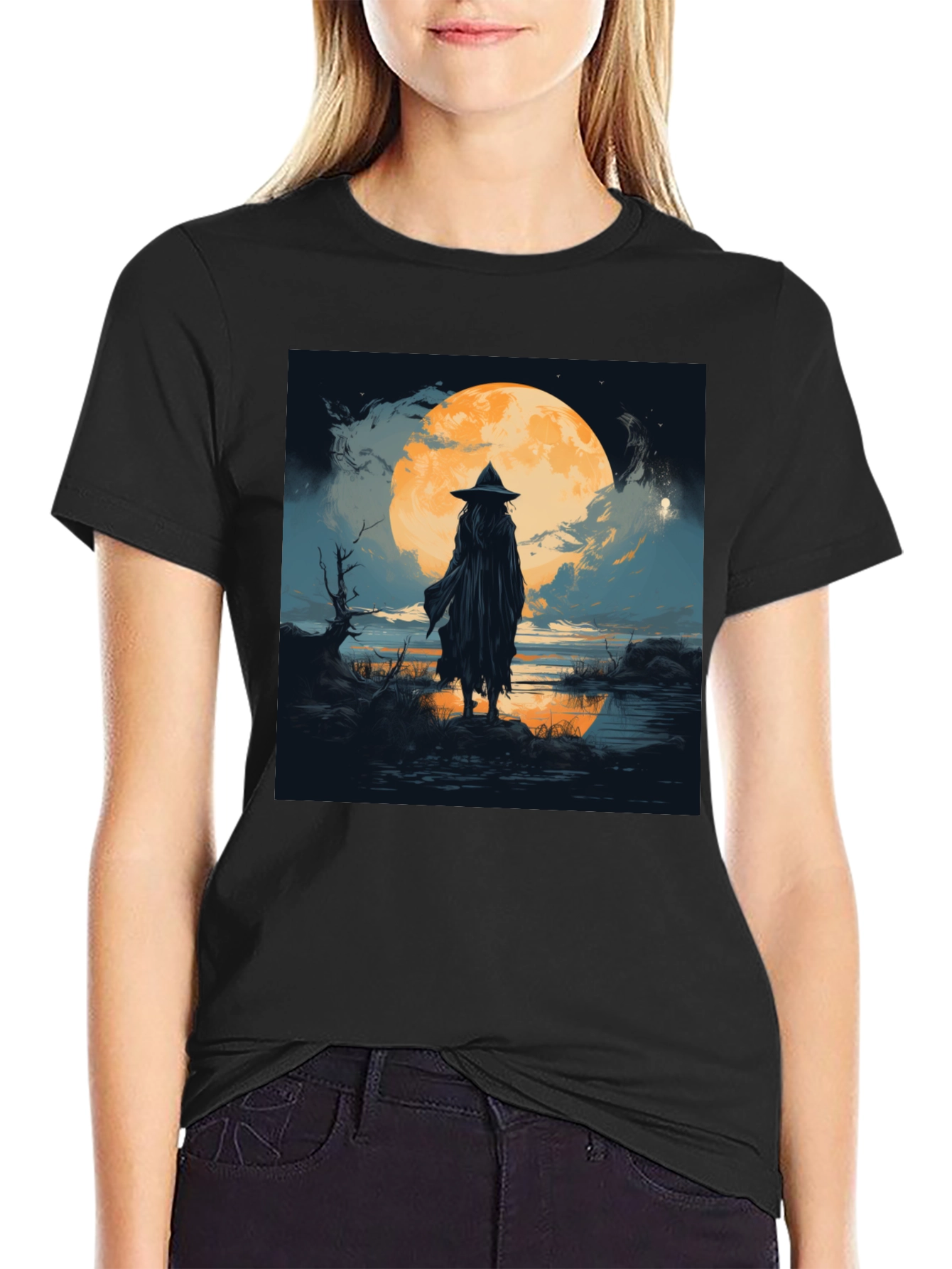 Witch at Moonlight Graphic Tee - Mens Black T-Shirt