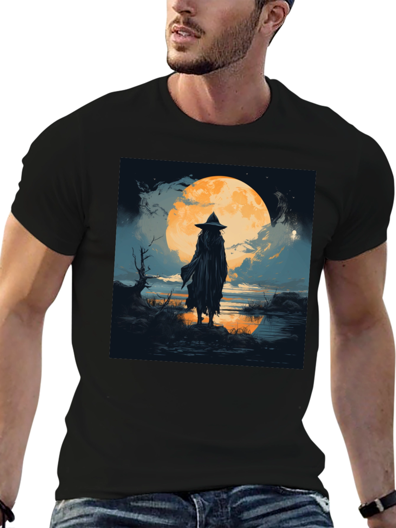 Witch at Moonlight Graphic Tee - Mens Black T-Shirt