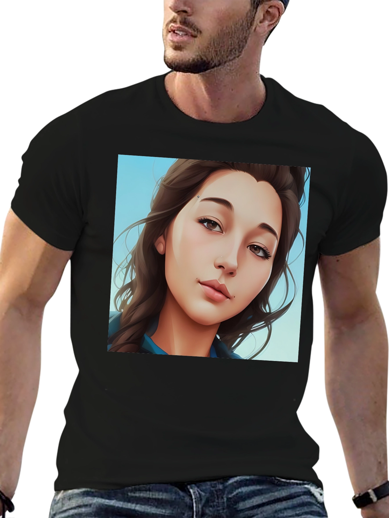 Trendy Woman Portrait Graphic Tee - Black