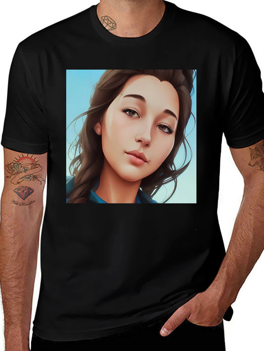Trendy Woman Portrait Graphic Tee - Black