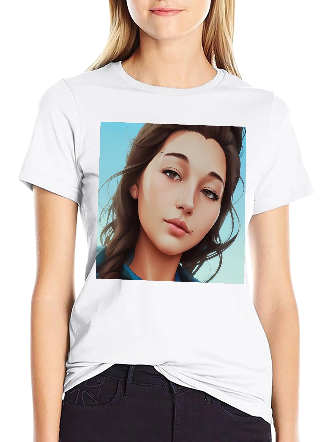 Trendy Woman Portrait Graphic Tee - Black