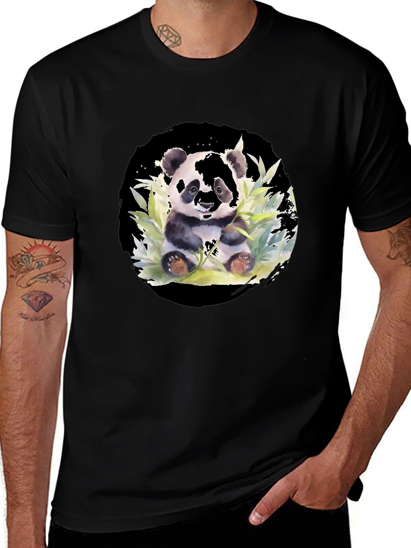 Panda Watercolor Black T-Shirt