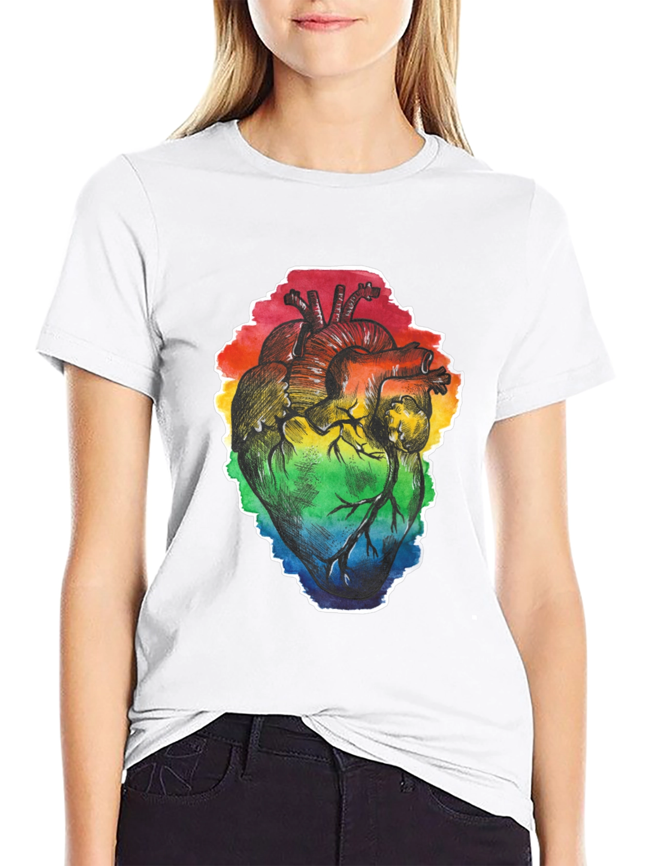Rainbow Heart Print Black T-Shirt