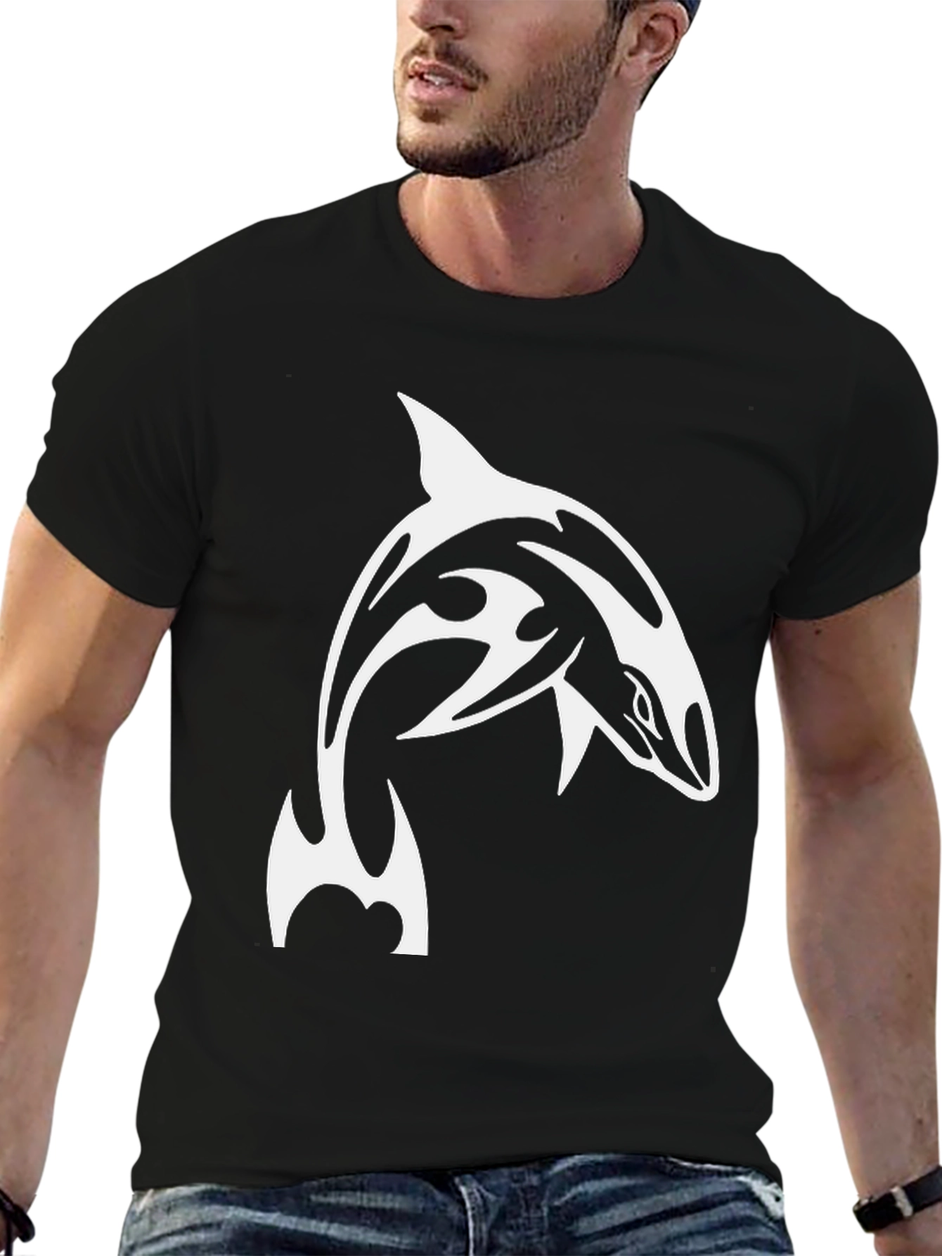 Black T-Shirt with Orca Whale Tribal Design