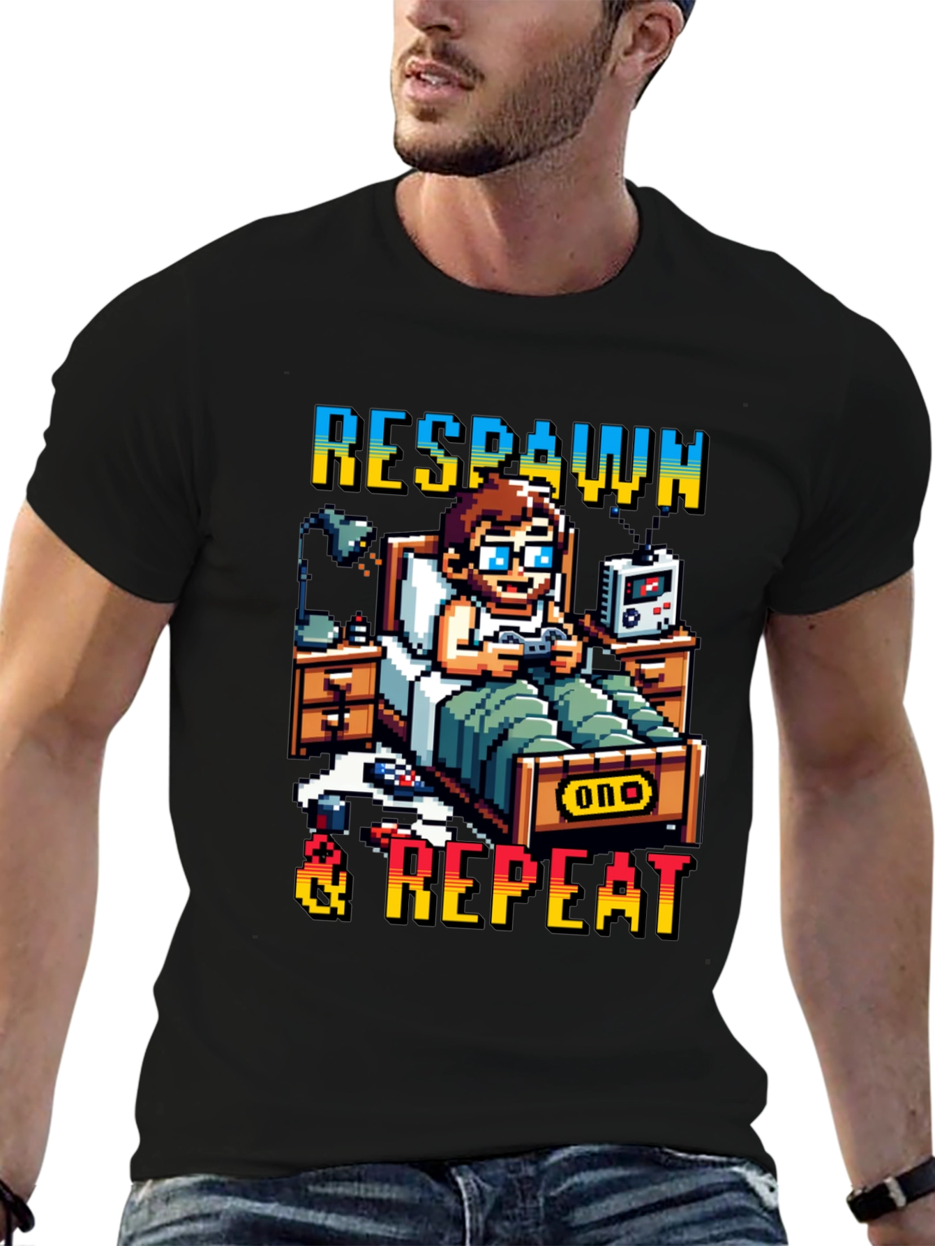 Respawn & Repeat Gaming T-Shirt Pixel Art Style