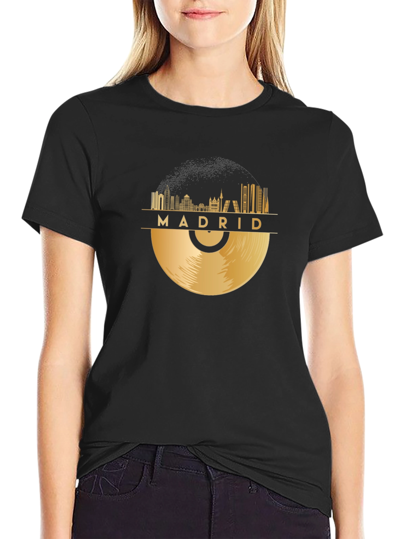 Madrid Skyline Record Black T-Shirt