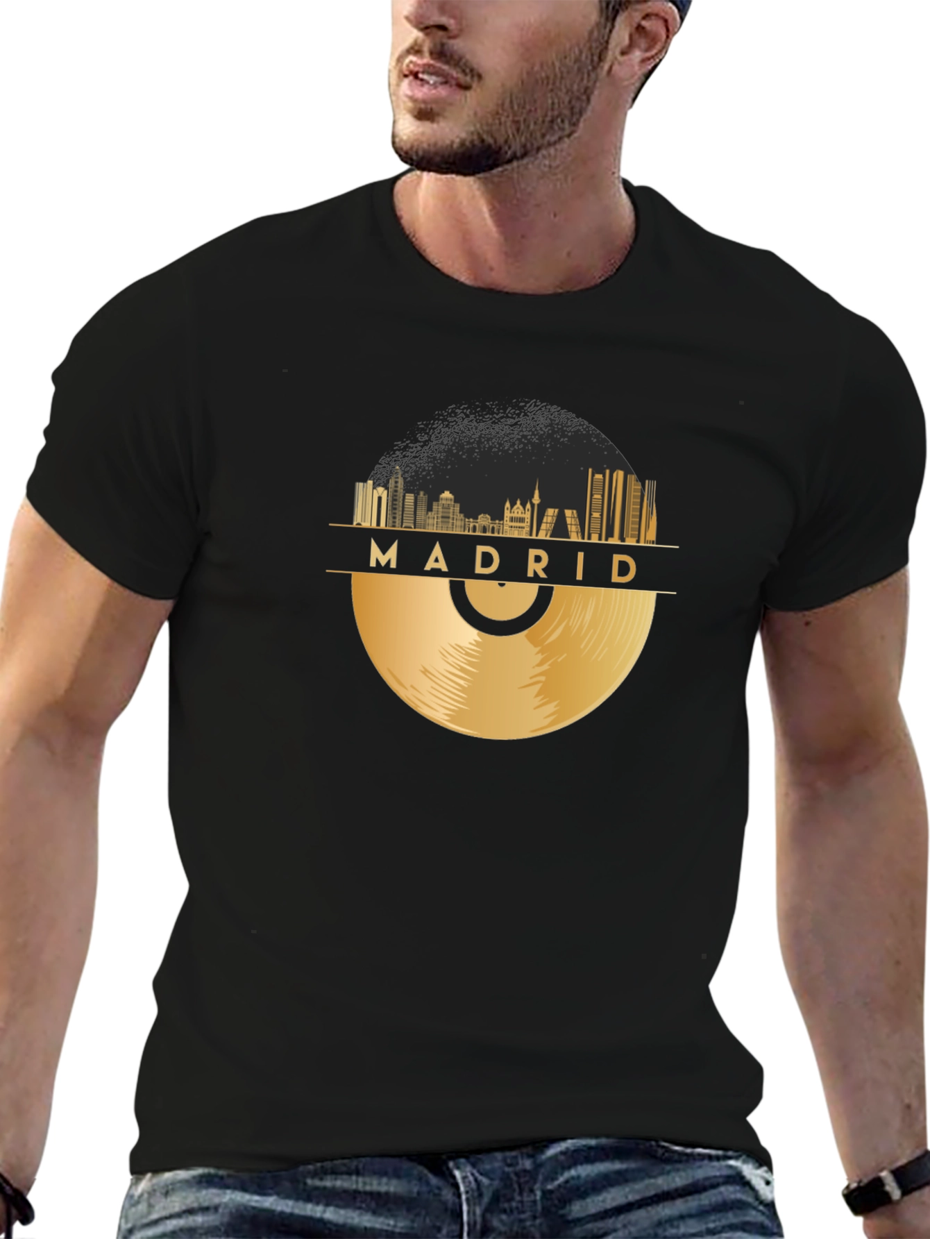 Madrid Skyline Record Black T-Shirt