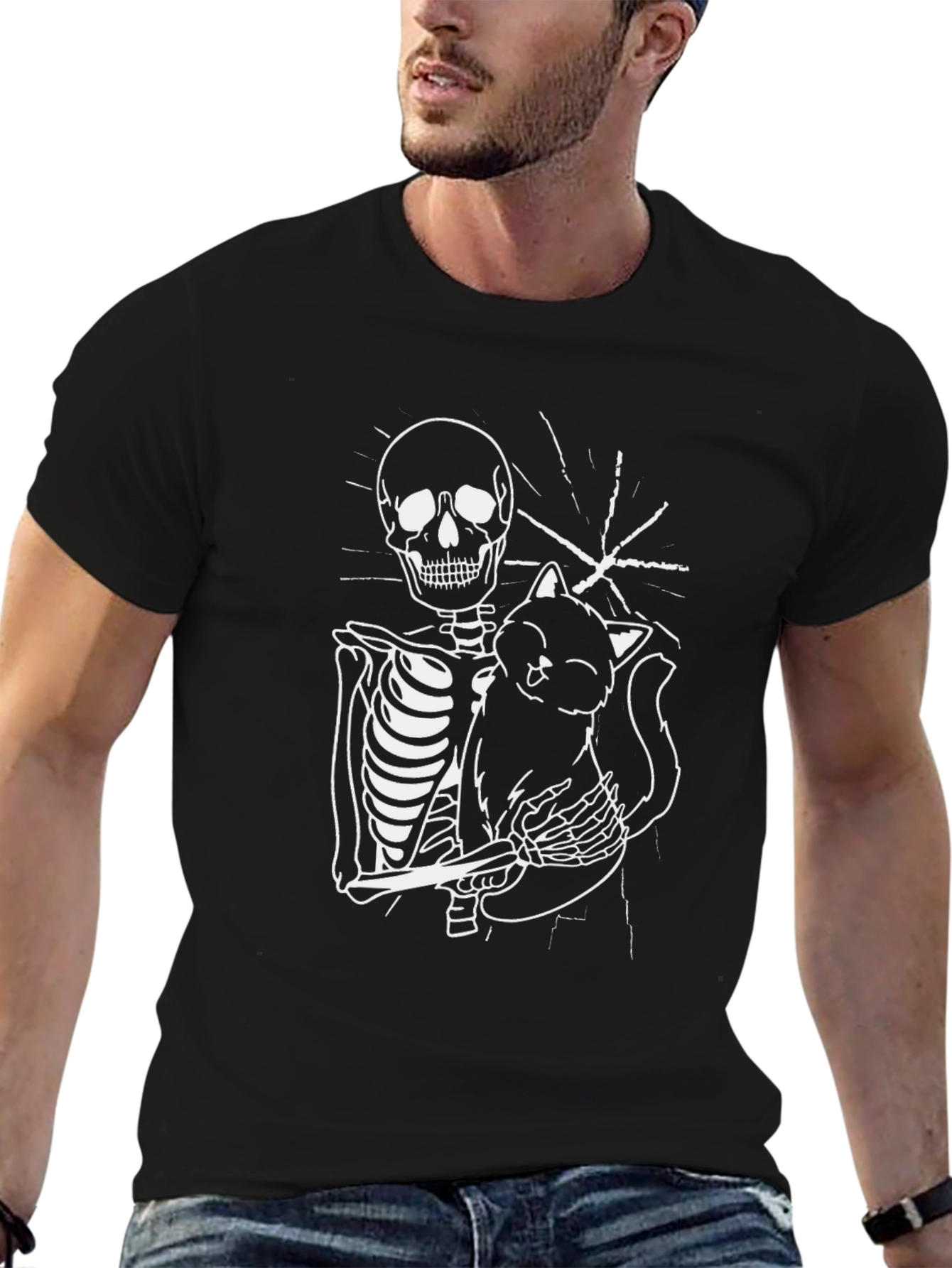 Skeleton Cat Graphic Tee - Black Unisex T-Shirt