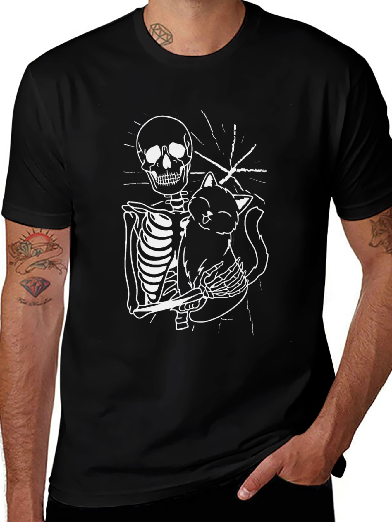 Skeleton Cat Graphic Tee - Black Unisex T-Shirt