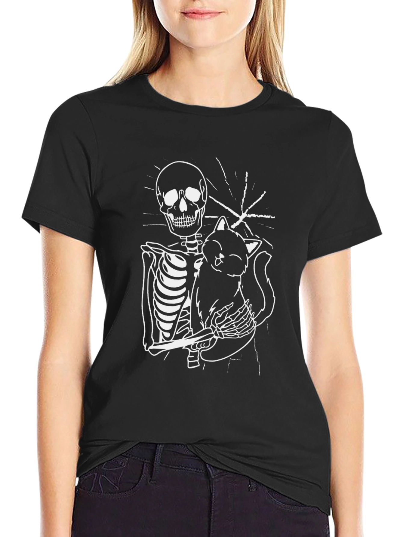 Skeleton Cat Graphic Tee - Black Unisex T-Shirt
