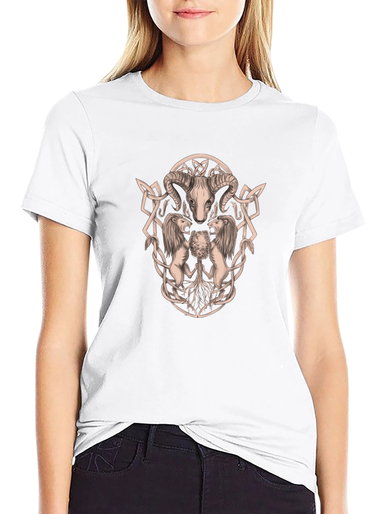 Ram Skull and Lion Black Graphic T-Shirt
