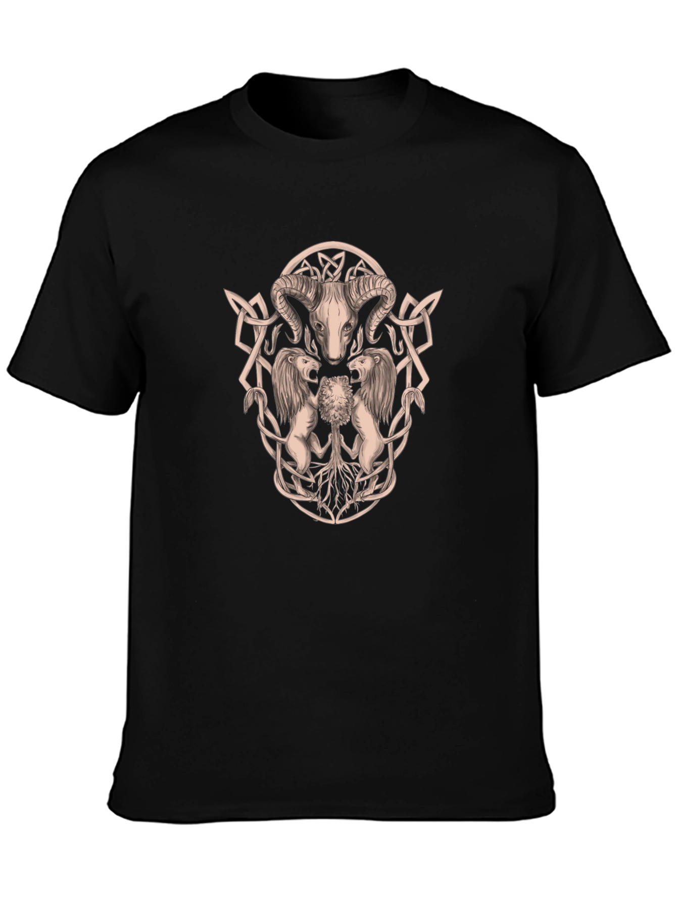 Ram Skull and Lion Black Graphic T-Shirt