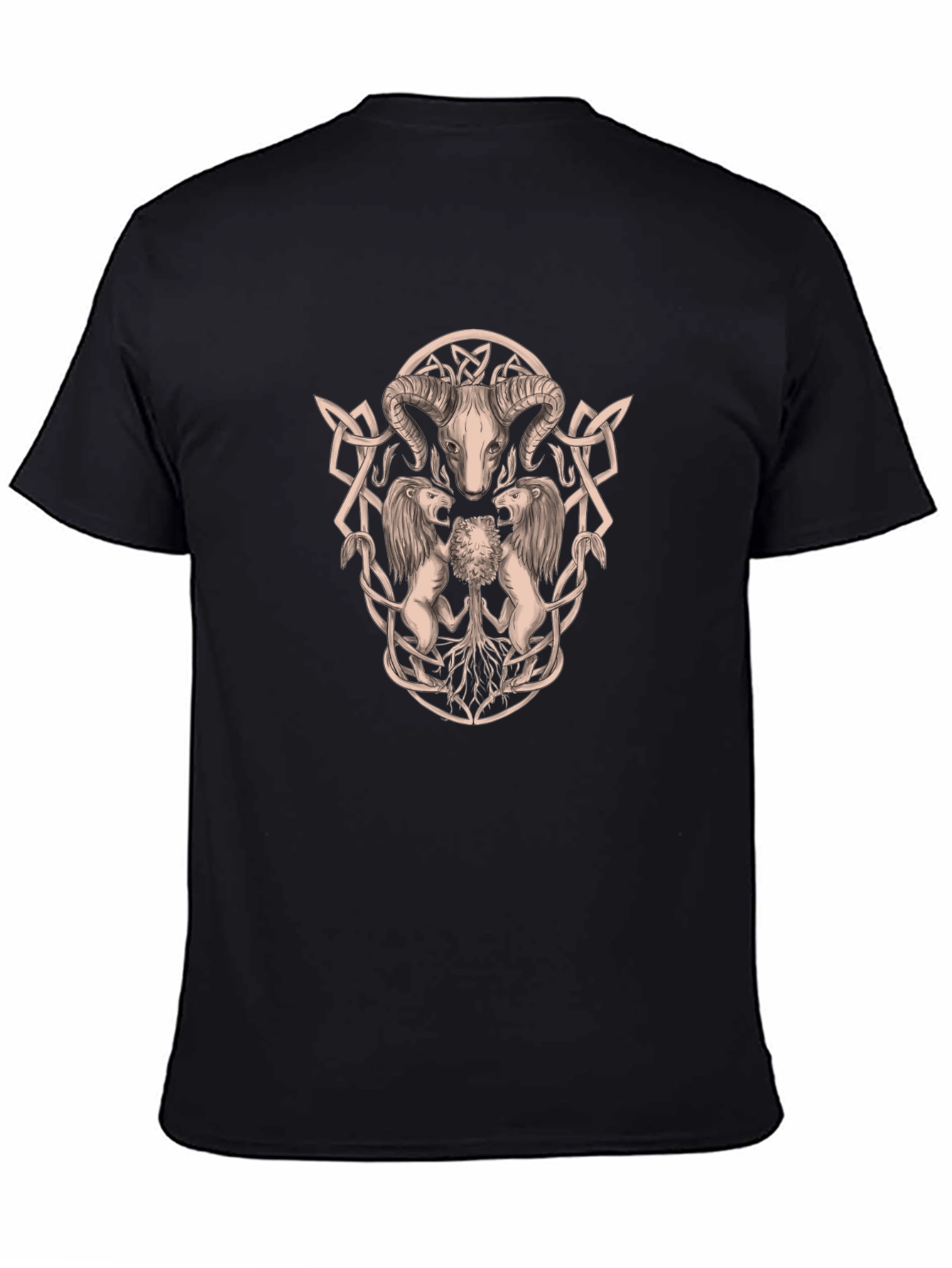 Ram Skull and Lion Black Graphic T-Shirt
