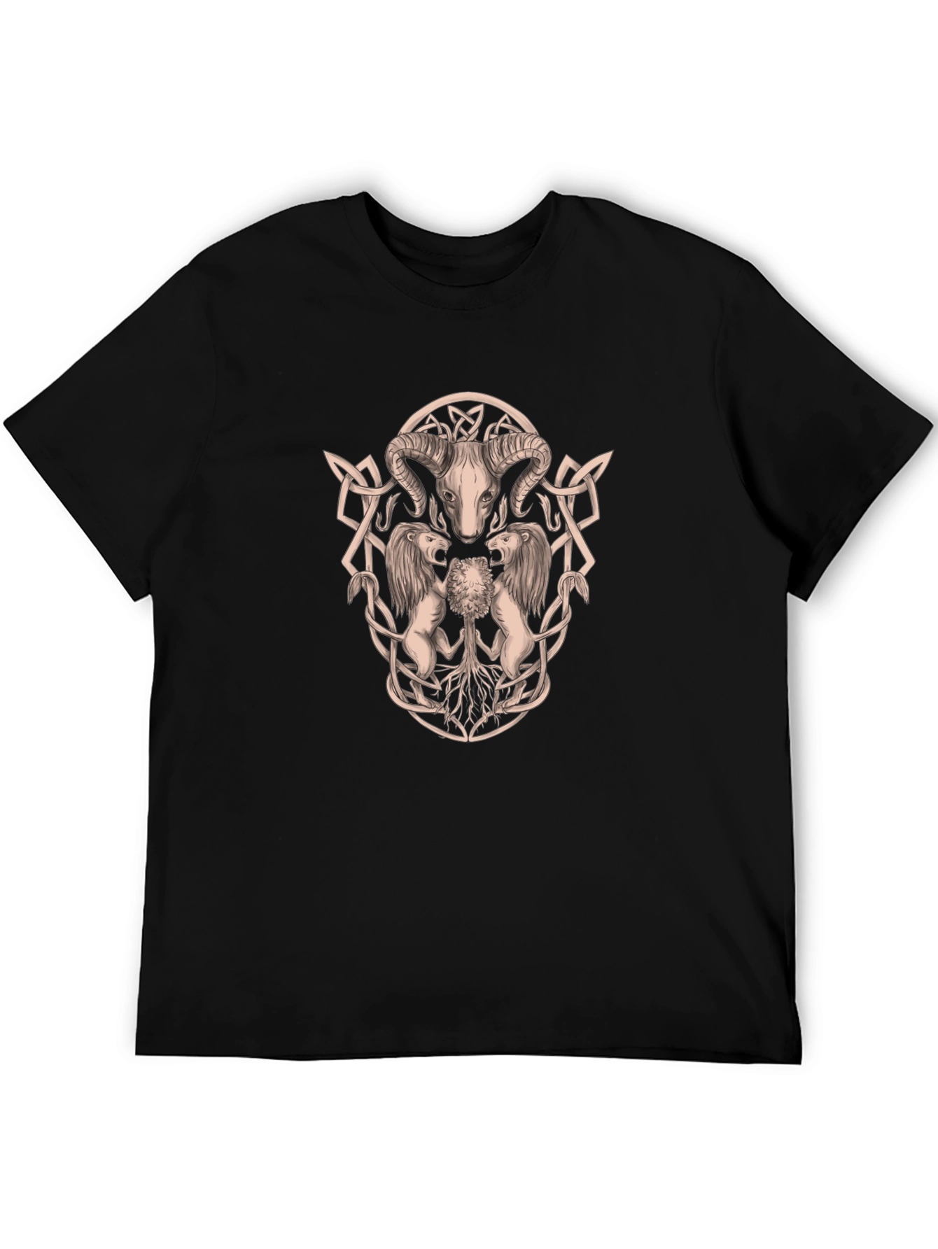 Ram Skull and Lion Black Graphic T-Shirt