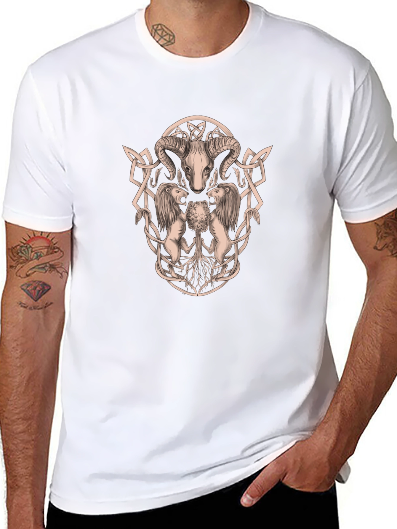 Ram Skull and Lion Black Graphic T-Shirt