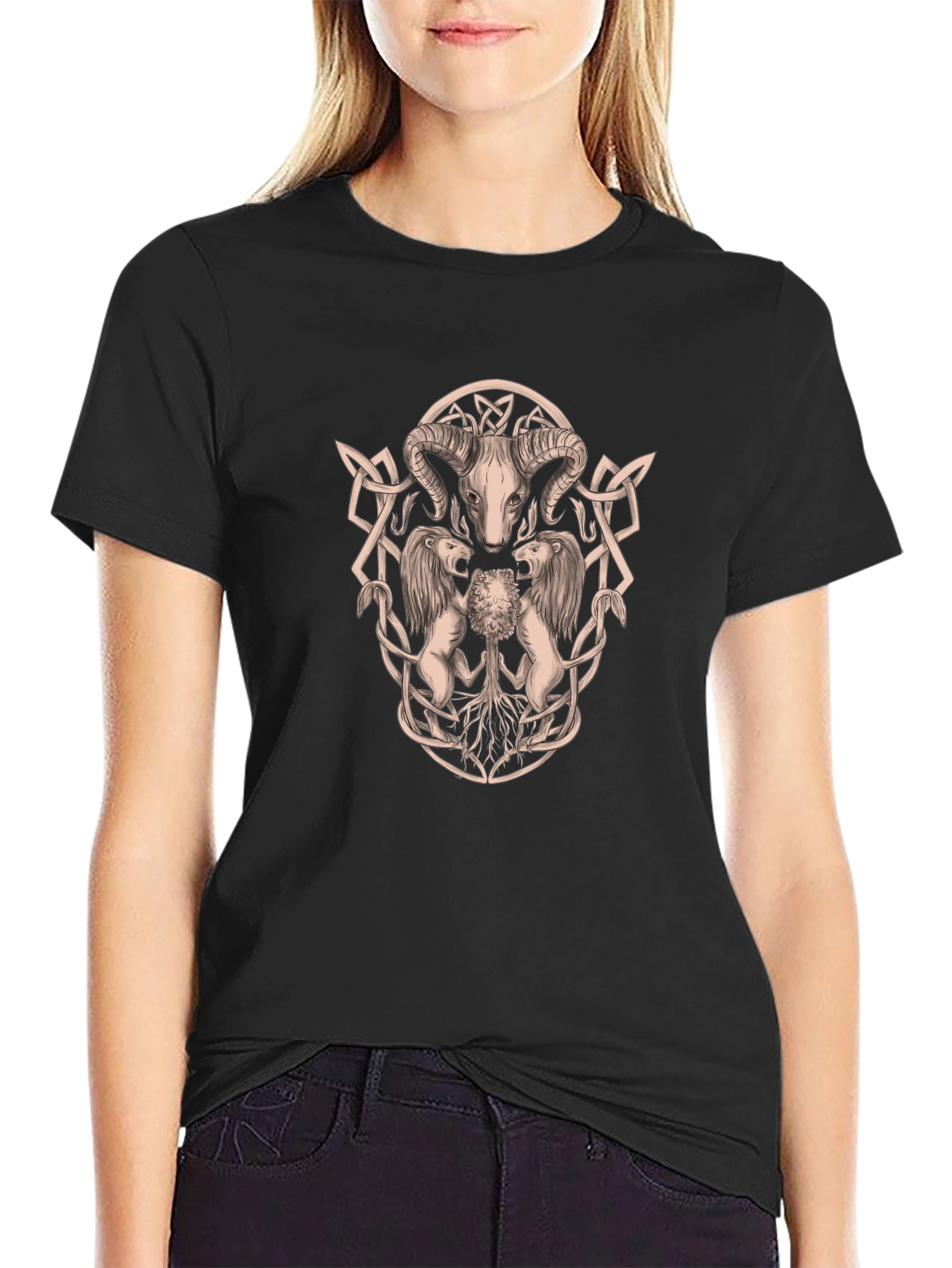 Ram Skull and Lion Black Graphic T-Shirt