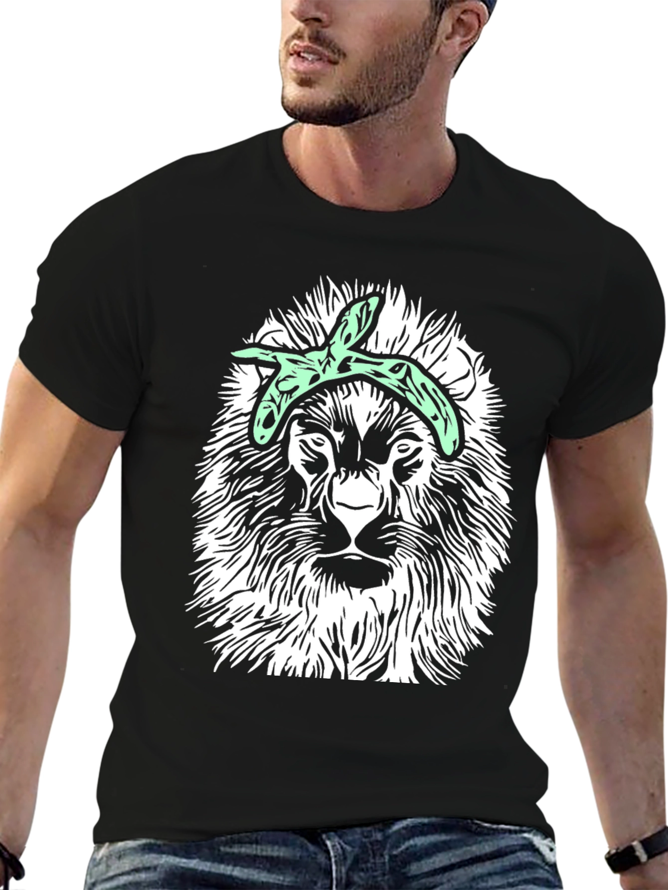 Lion Graphic Tee with Bandana - Black Casual T-Shirt