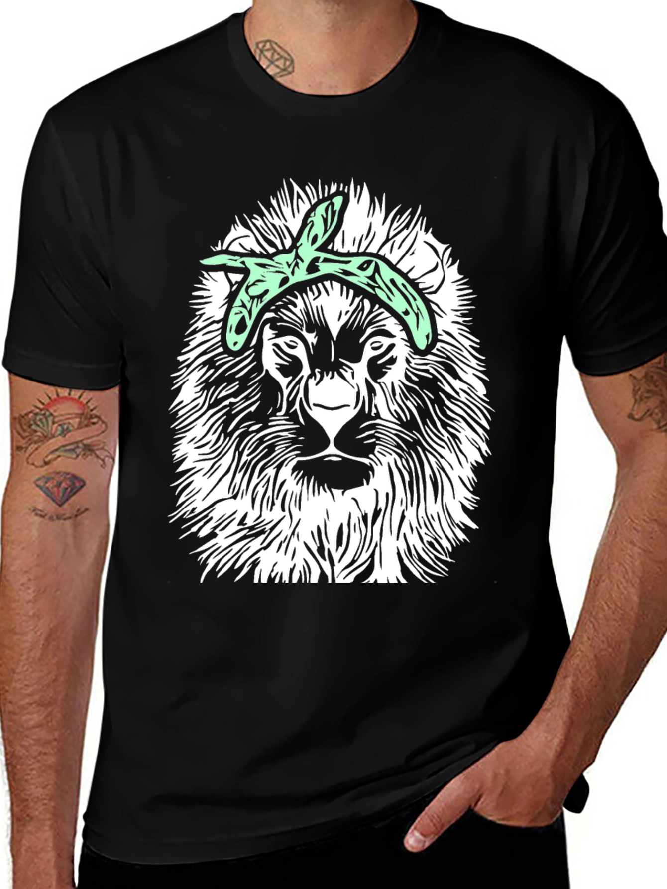 Lion Graphic Tee with Bandana - Black Casual T-Shirt
