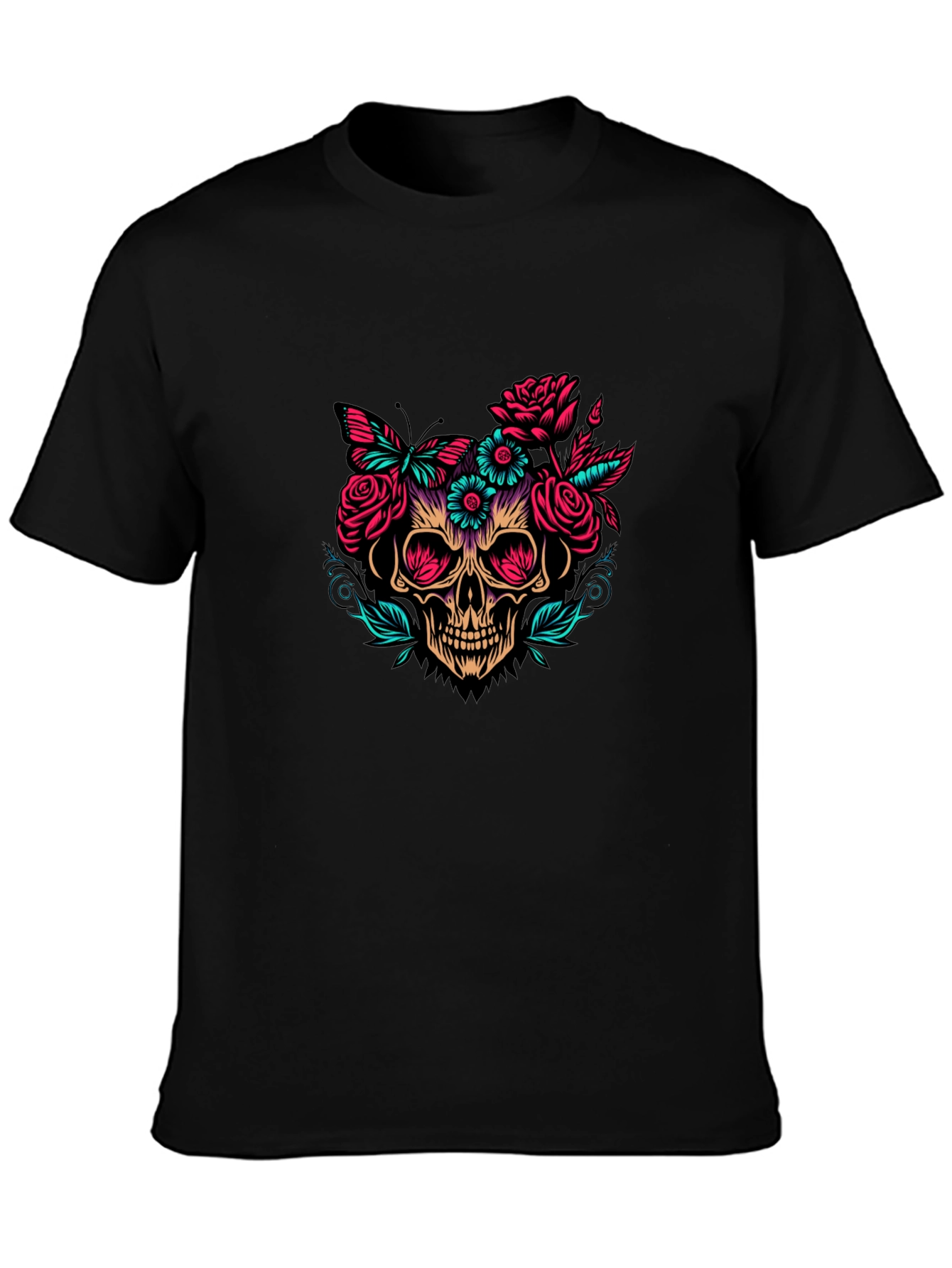Floral Skull Graphic Tee - Black T-Shirt