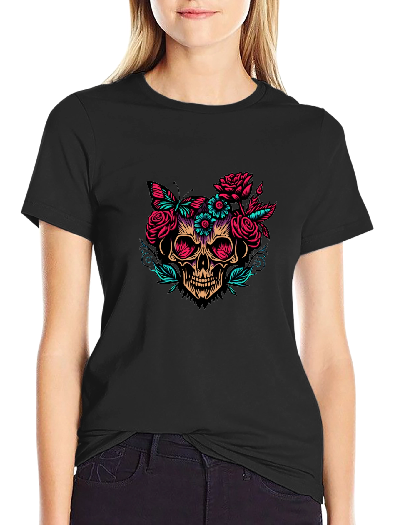 Floral Skull Graphic Tee - Black T-Shirt