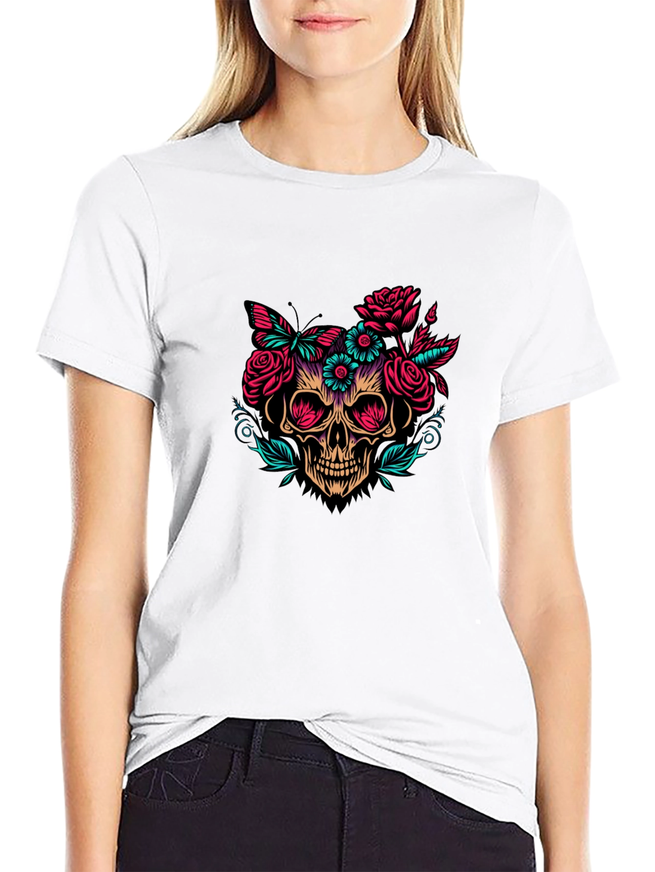 Floral Skull Graphic Tee - Black T-Shirt