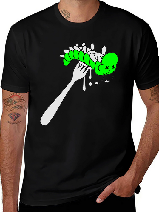 Caterpillar on Fork Graphic Tee - Quirky Mens T-Shirt