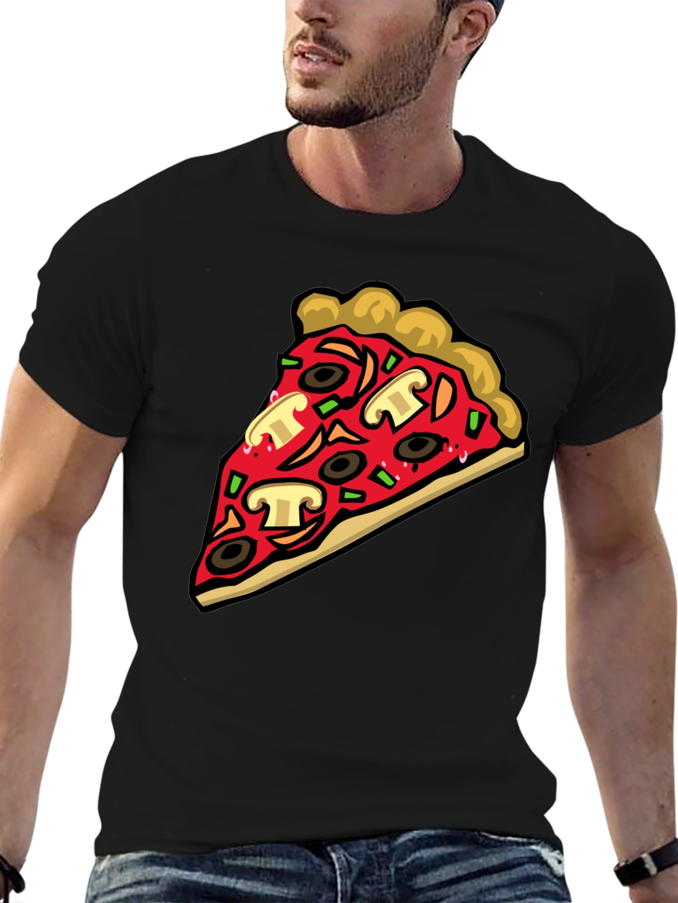 Pizza Slice Graphic Tee - Black Cotton T-Shirt