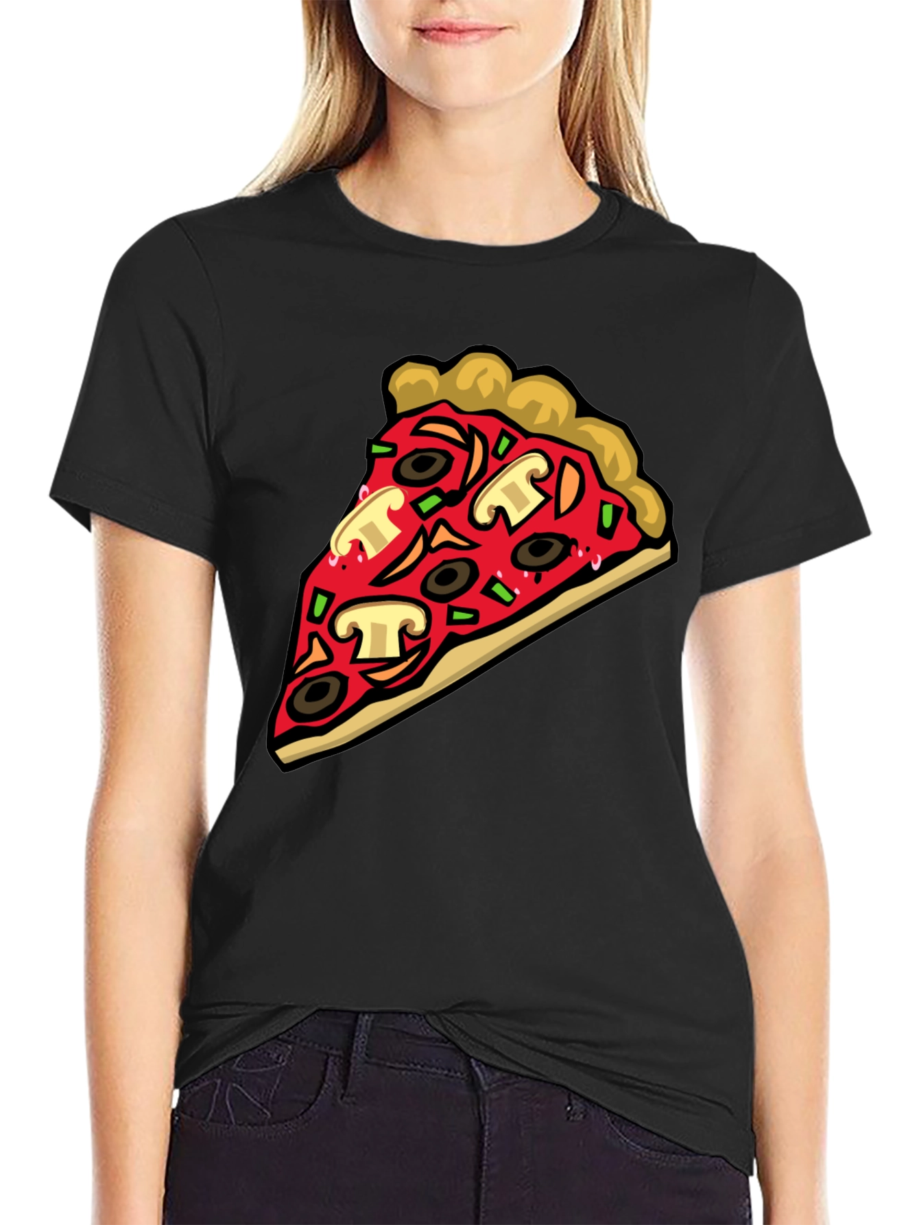 Pizza Slice Graphic Tee - Black Cotton T-Shirt